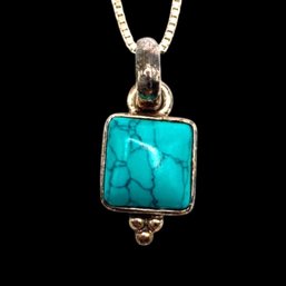 (A167) Italian Sterling Silver Turquoise Box Chain Necklace