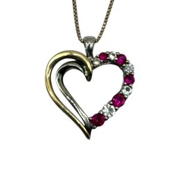(A168) 10K Gold And Sterling Silver Fuchsia And Clear Stone Heart Pendant On SS Box Chain Necklace