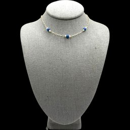 (A169) Sterling Silver Blue And Pearl Chain Link Necklace