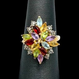 (A12) Sterling Silver Vermeil Faceted Multi Color Stone Ring, Size 8