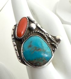 SIGNED NATIVE AMERICAN STERLING SILVER TURQUOISE & CORAL RING
