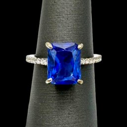 (A14) Sterling Silver Rectangular Blue And Clear Stone Ring, Size 5
