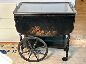 Vintage Asian Style Black Chinoiserie Drop Leaf Rolling Tea Cart
