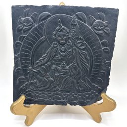 Bhutan Carved Slate Plaque Of Tibetan Buddhist Deity With Wood Stand