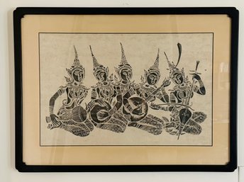 Vintage Temple Rubbing On Rice Paper - Thai Cambodian Musicans