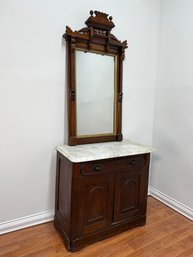 Antique Victorian Eastlake Style Marble-Top Washstand With Carved Mirror