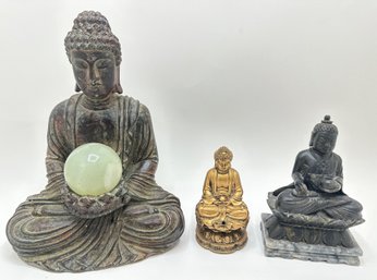 3 Buddha Figurines, Marble & 2 Resin