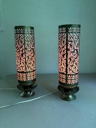 Pair Of Vintage Thai Dancer Brass Filigree And Milk Glass Table Lamp