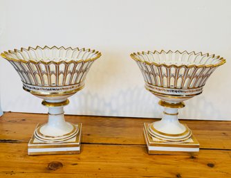 Antique Pair- 19th Century Porcelain Round Reticulated Basket Compotes