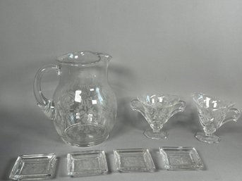 Vintage 1940s Heisey Etched Glass Orchid Pattern Pitcher, Creamer & Sugar Bowl & Butter Pat