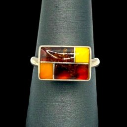 (A26) Sterling Silver Amber Ring, Size 8.5