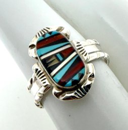 SIGNED E LEEKULA ZUNI STERLING SILVER MULTI INLAY RING