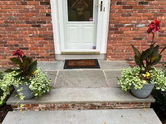 Pair Of Plastic Planters With Plants And Welcome Mat