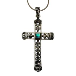 (A190) Sterling Silver Marcasite And Abalone Cross Rope Chain Necklace
