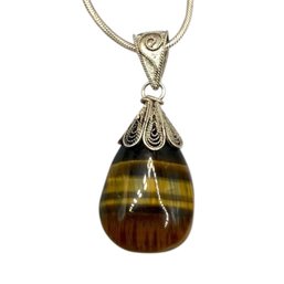 (A197) Sterling Silver Filigree Tigers Eye Rope Chain Necklace