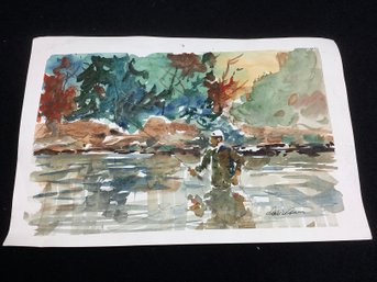 Watercolor Of A Man Fishing