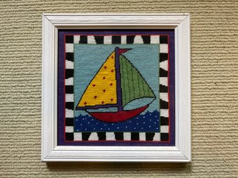 Vintage Sailboat Needlework Framed Art Specimen