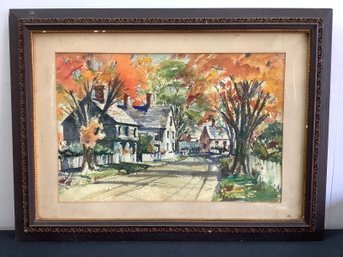 Framed Fall House Landscape Signed Watercolor