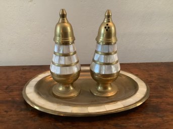 Vintage Mother Of Pearl & Brass Salt & Pepper With Tray