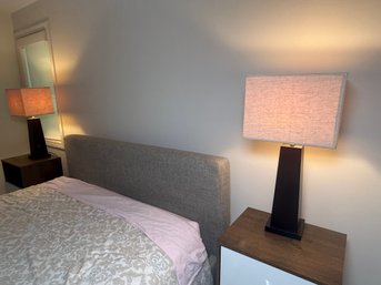 PAIR Of Modern Tapered Wood Table Lamps With Rectangular Linen Shade