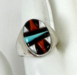ZUNI NATIVE AMERICAN STERLING SILVER TURQUOISE CORAL JET & MOTHER OF PEARL INLAY RING