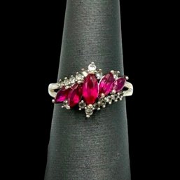 (A48) Sterling Silver Fuchsia And Clear Stone Ring, Size 6.75