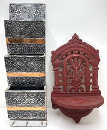 Indian Wall Mounting Mail Holder With Copper Details & Indian Wood Display Shelf