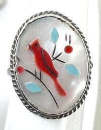 NATIVE AMERICAN STERLING SILVER ZUNI RING WITH INLAID CARDINAL BIRD