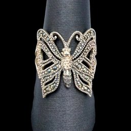 (A55) Sterling Silver Marcasite Butterfly Ring, Size 8.75