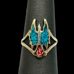 (A56) Sterling Silver Crushed Turquoise And Coral Thunderbird Ring, Size 5.25
