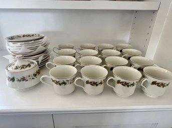 Golden December By Horchow  Christmas Tea Cups And Saucers (Service For 16) And Sugar Bowl