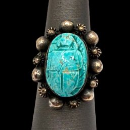 (A57) Sterling Silver Turquoise Glazed Scarab Beetle Ring, Size 5.75
