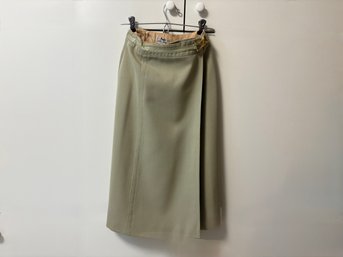 Vintage Celine Leather Detailed Sage Colored Wrap Skirt, Made In France - Size Small