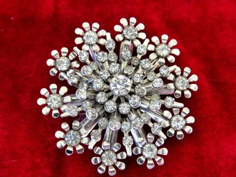 Silver Tone Clear Rhinestone Snowflake Flower Brooch