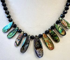 Stunning Vintage Jet Black Crystal Beads & Abalone Shell 22' Necklace -