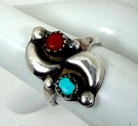 SIGNED LP STERLING SILVER CORAL AND TURQUOISE RING