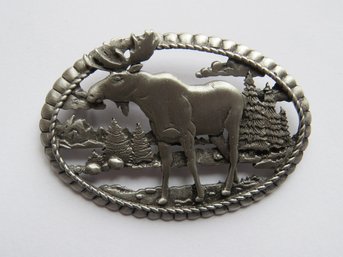 Vintage Signed JJ (Jonette Jewelry) Pewter Moose Wilderness Brooch Pin