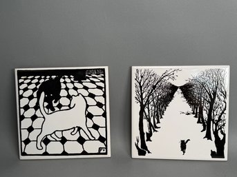 Two Black & White Cat Trivets By FV
