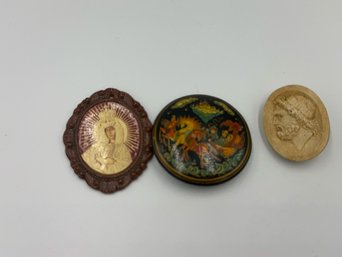 A RUSSIAN LACQUER PIN AND TWO OTHER PINS