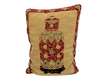 Vintage Loie Needlepoint Throw Pillow With Chinoiserie Ginger Jar