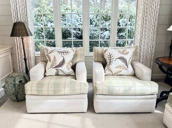 Pair Custom Raymond Forehand Celadon Linen Side Chairs