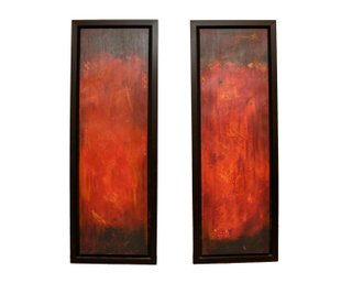Pair Of Joyce Combs Tall Framed Red Abstract Gicle Art On Canvas  19 X 54