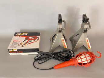 Pair Of 3 Ton Jack Stands, Drop Light, And Jumper Cables