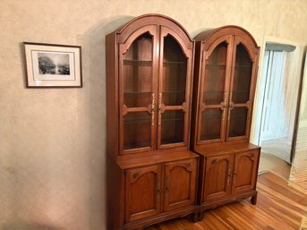 Pair Of Walnut Mid Century Lighted Display Cabinets With Wire Mesh Screens