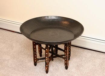 Dubai Import Hand-Hammered Blackened Metal Tray Table With Mother Of Pearl Folding Inlaid Turned Wood Base