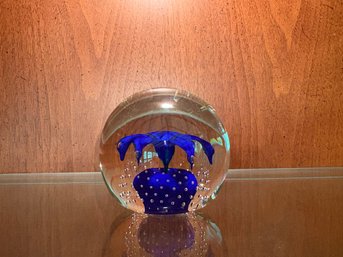 Artisan Made Blue Flower Glass Paperweight