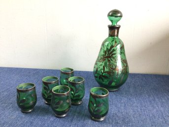 VINTAGE Green Glass Decanter And Cups Set Sterling Trimmed?