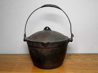 Antique Cast Iron Lidded Kettle With Bail Handle