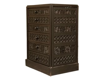 Hand-Carved Dark Wood Six-Drawer Chest With Ornate Geometric And Floral Motifs