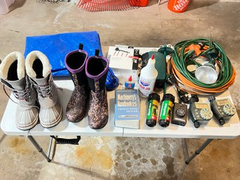 Table Lot Of Misc Items Including L. L. Bean Boots